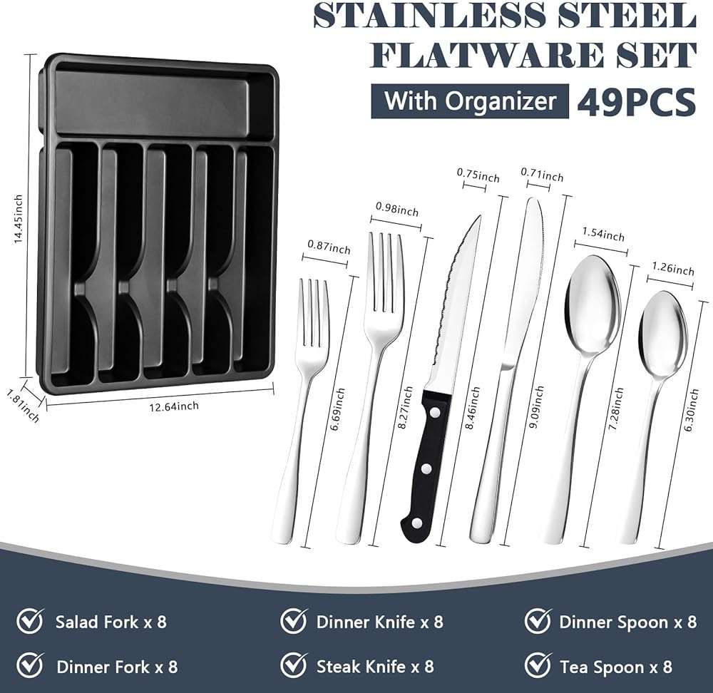 BEWOS 49-Piece Silverware Set with Organizer - Stainless Steel Silverware Set for 8 with Steak Knives and Drawer Organizer, Mirror Polished Flatware Set for Home and Restaurant, Dishwasher Safe - Image 2