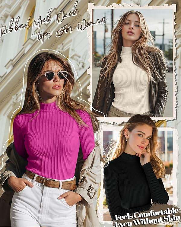 Riyiper 3 Pack Women's Ribbed Shirts, Mock Turtleneck Long Sleeve Tops Slim Fitted Undershirts Casual Basic Layering Tees - Image 3