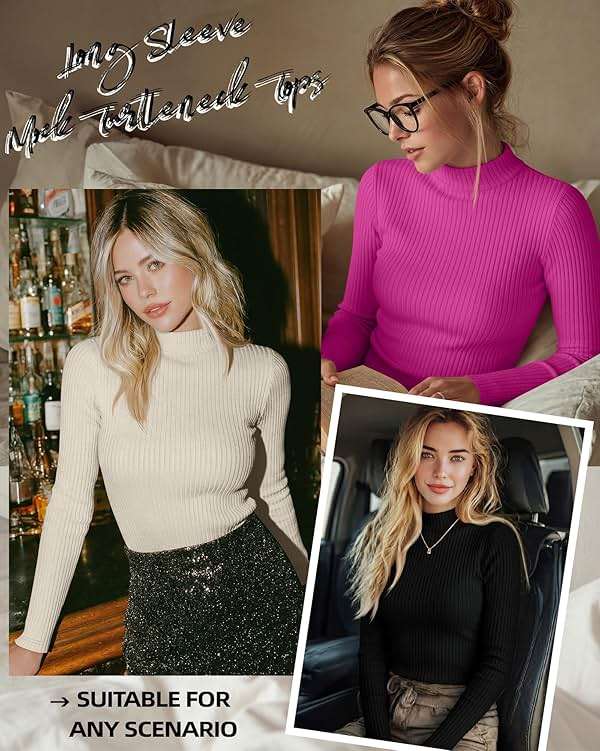 Riyiper 3 Pack Women's Ribbed Shirts, Mock Turtleneck Long Sleeve Tops Slim Fitted Undershirts Casual Basic Layering Tees - Image 4