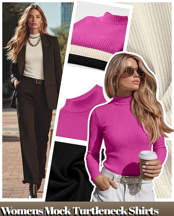 Riyiper 3 Pack Women's Ribbed Shirts, Mock Turtleneck Long Sleeve Tops Slim Fitted Undershirts Casual Basic Layering Tees - Image 5