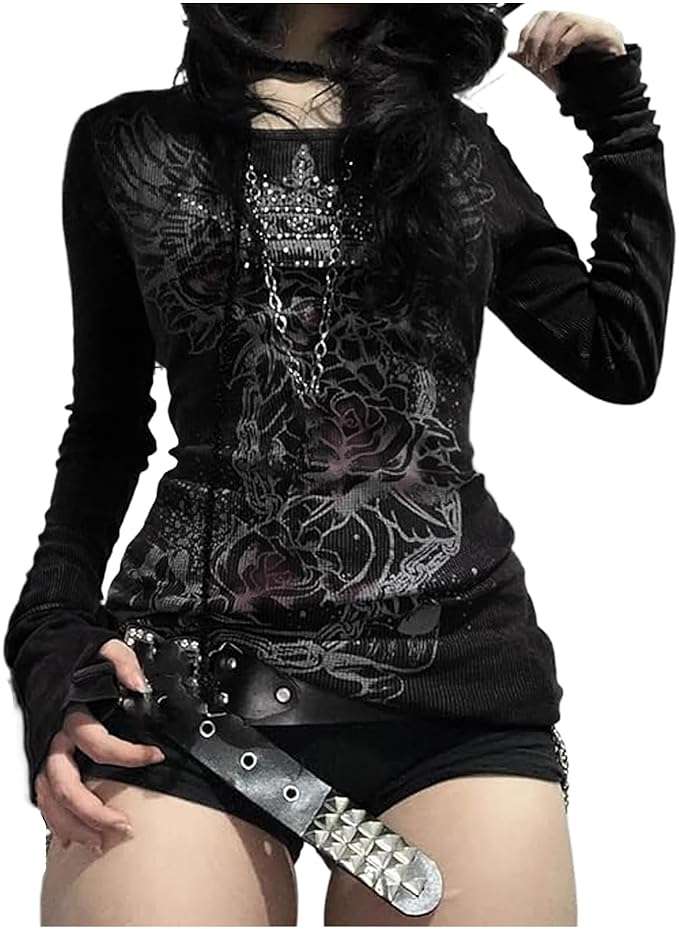 Grunge Shirts Emo Clothe Teen Girls Vintage Graphic Tee Y2k 2000s Goth Top Women Mcbling Long Sleeve Streetwear - Image 1