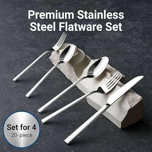 Stahlsmith Essen Flatware Set for 4, 20-Piece 18/10 Stainless Steel Silverware Set, Modern Cutlery Set with Mirror Finish, Dishwasher Safe Kitchen Utensil Set, House Warming Gifts New Home - Image 3