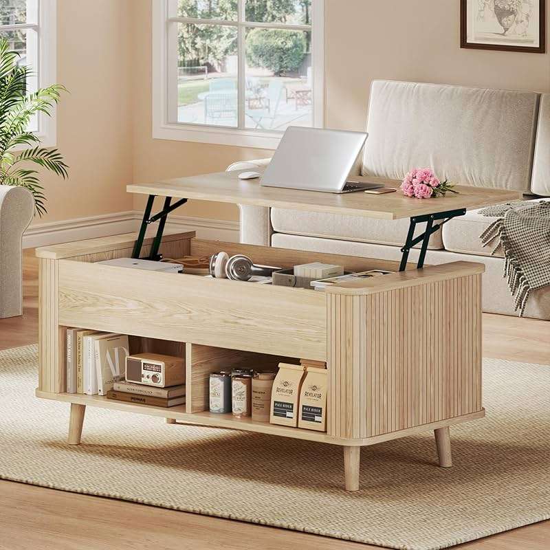 Lift Top Coffee Table with Storage, 41" Mid Century Modern Coffee Table with Fluted & Curved Profile Design, Hidden Storage Compartment, Lower Shelf Center Table for Living Room Office, Oak - Image 1