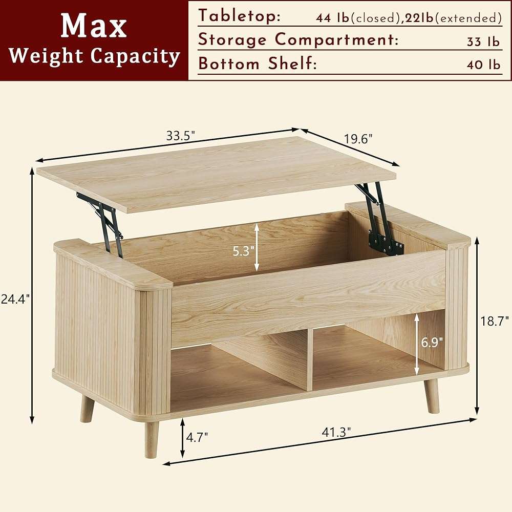 Lift Top Coffee Table with Storage, 41" Mid Century Modern Coffee Table with Fluted & Curved Profile Design, Hidden Storage Compartment, Lower Shelf Center Table for Living Room Office, Oak - Image 2