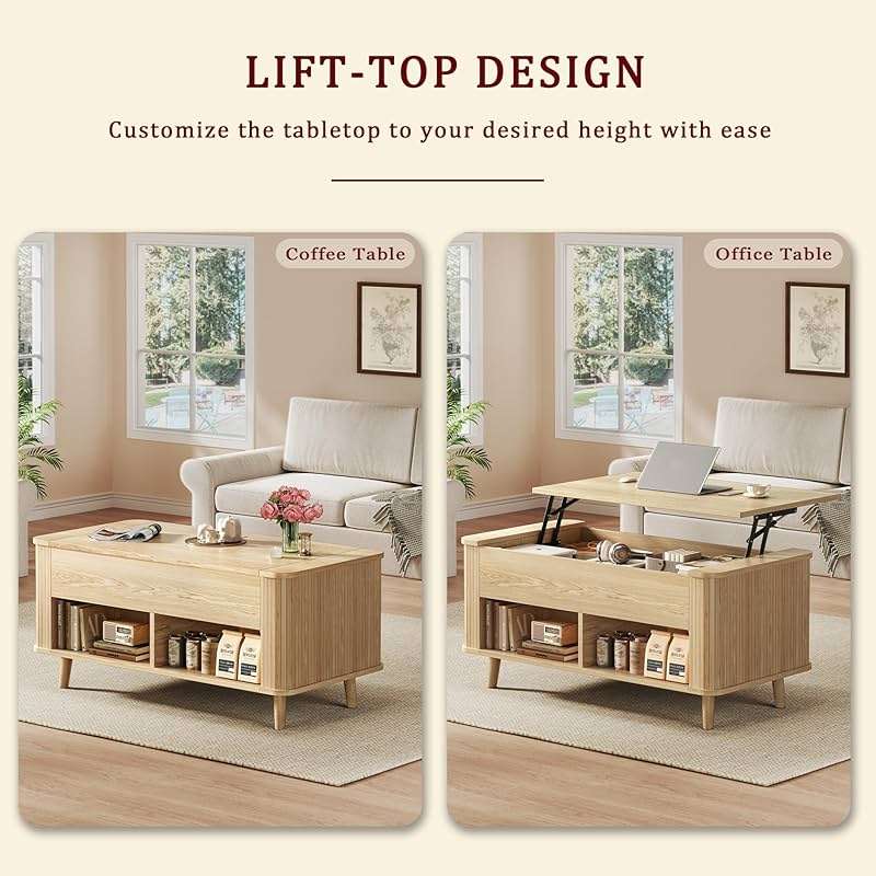 Lift Top Coffee Table with Storage, 41" Mid Century Modern Coffee Table with Fluted & Curved Profile Design, Hidden Storage Compartment, Lower Shelf Center Table for Living Room Office, Oak - Image 4