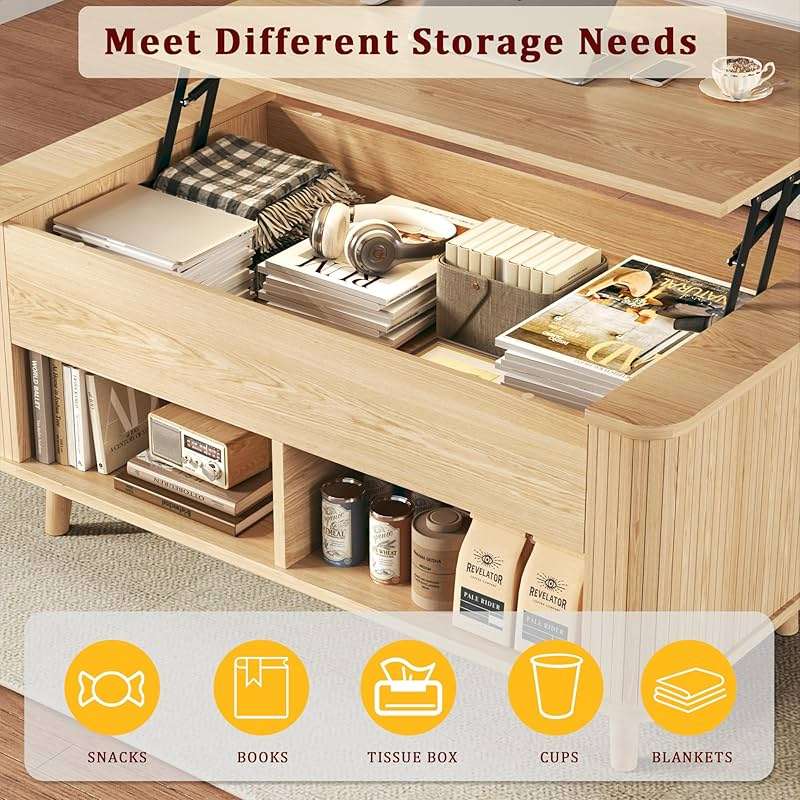Lift Top Coffee Table with Storage, 41" Mid Century Modern Coffee Table with Fluted & Curved Profile Design, Hidden Storage Compartment, Lower Shelf Center Table for Living Room Office, Oak - Image 5
