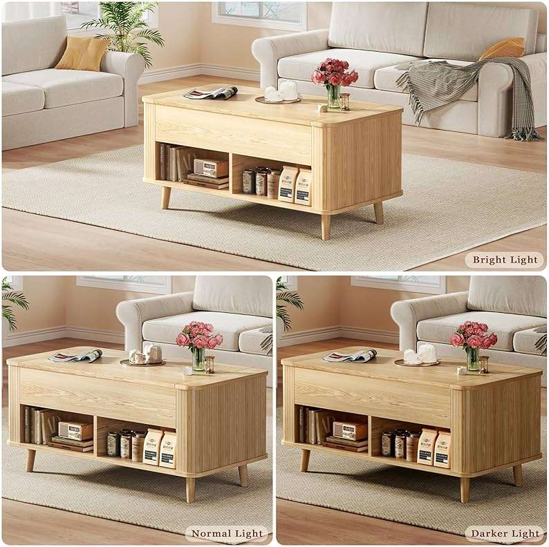 Lift Top Coffee Table with Storage, 41" Mid Century Modern Coffee Table with Fluted & Curved Profile Design, Hidden Storage Compartment, Lower Shelf Center Table for Living Room Office, Oak - Image 8