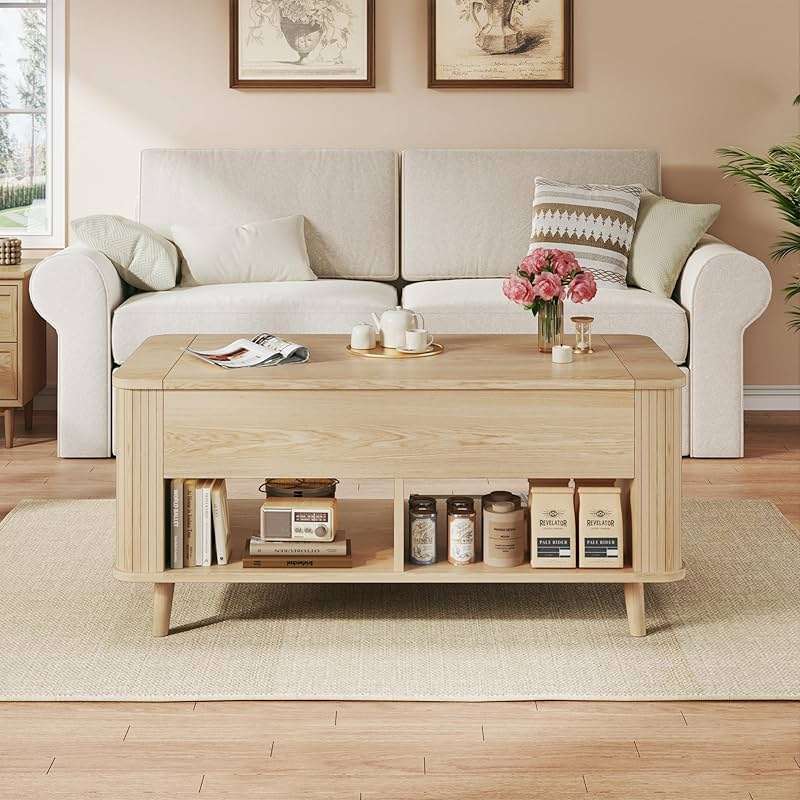 Lift Top Coffee Table with Storage, 41" Mid Century Modern Coffee Table with Fluted & Curved Profile Design, Hidden Storage Compartment, Lower Shelf Center Table for Living Room Office, Oak - Image 9