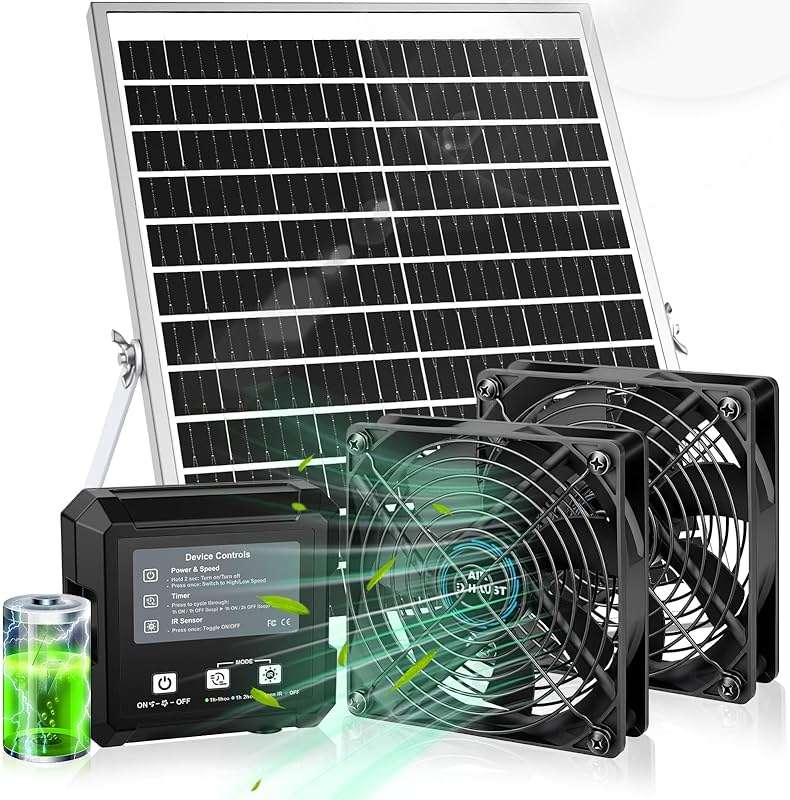 Solar-Powered Chicken Coop Exhaust Fan with Battery & Smart Sensing – 25W Solar Panel, 2 * 4.7" Fans, 3 Modes, IP65 Waterproof | Ideal for Chicken Coop, Dog House, Greenhouse, Outside - Image 1