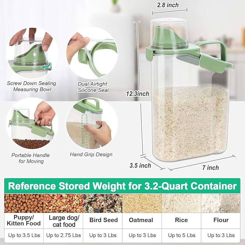 TBMax Rice Container Cereal Storage Container 2 Pack, Kitchen Pantry Dry Food Storage Holder with Easy-Pouring Spout & Handy Cup, Small Pet Dog Cat Food Dispenser for Daily Feeding - Image 3