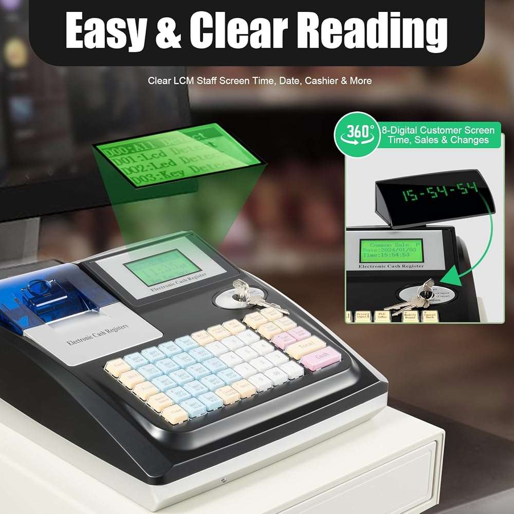 48 Keys Electronic Cash Register, Square POS Terminal Cash Register, Cash Register POS Systems with Drawer & 8 Digital LED for Supermarkets Shopping Malls Restaurants (Black) - Image 7