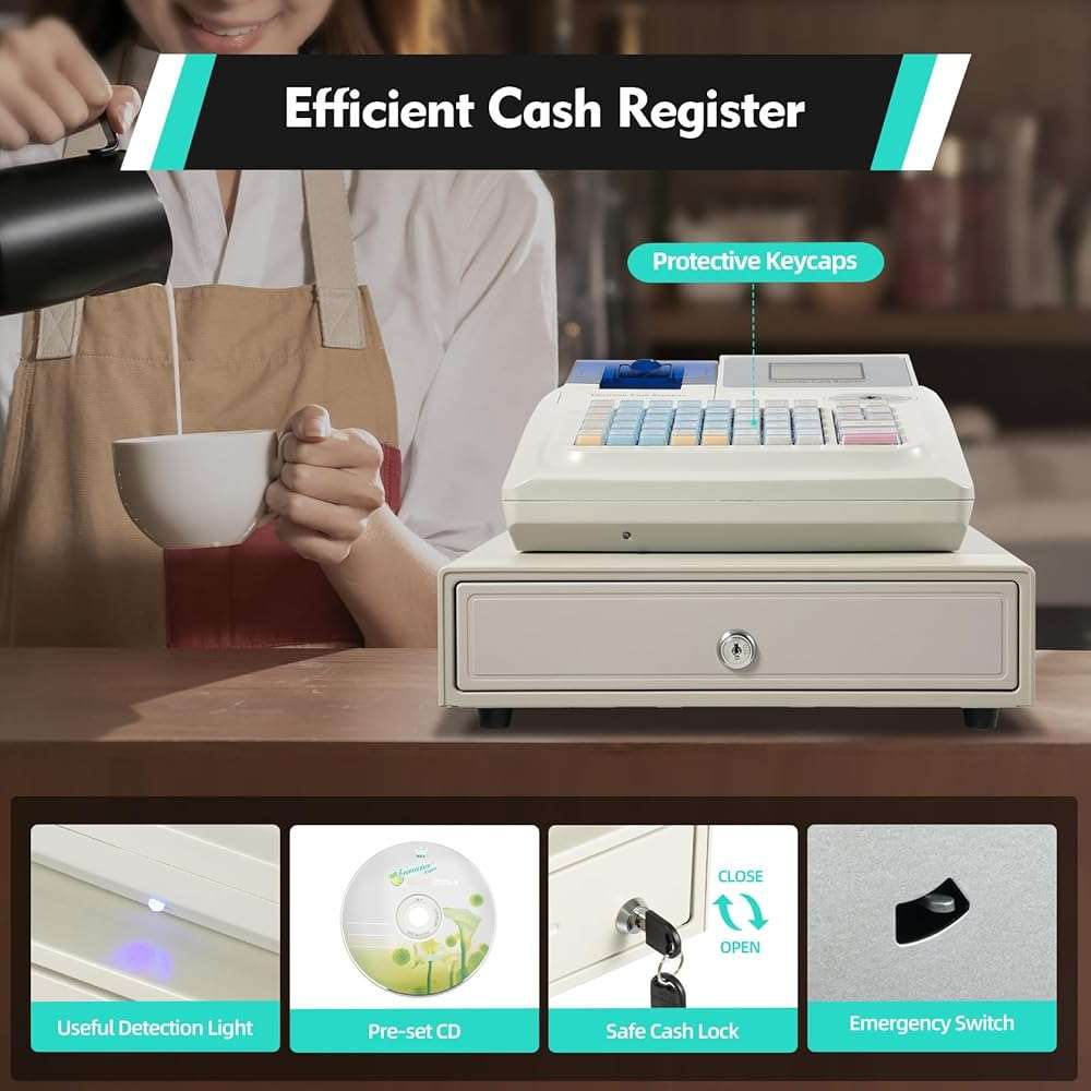 48 Keys Electronic Cash Register, Cash Register POS Systems, Square POS Terminal Cash Register with Drawer & 8 Digital LED for Supermarkets Shopping Malls Restaurants (White) - Image 7