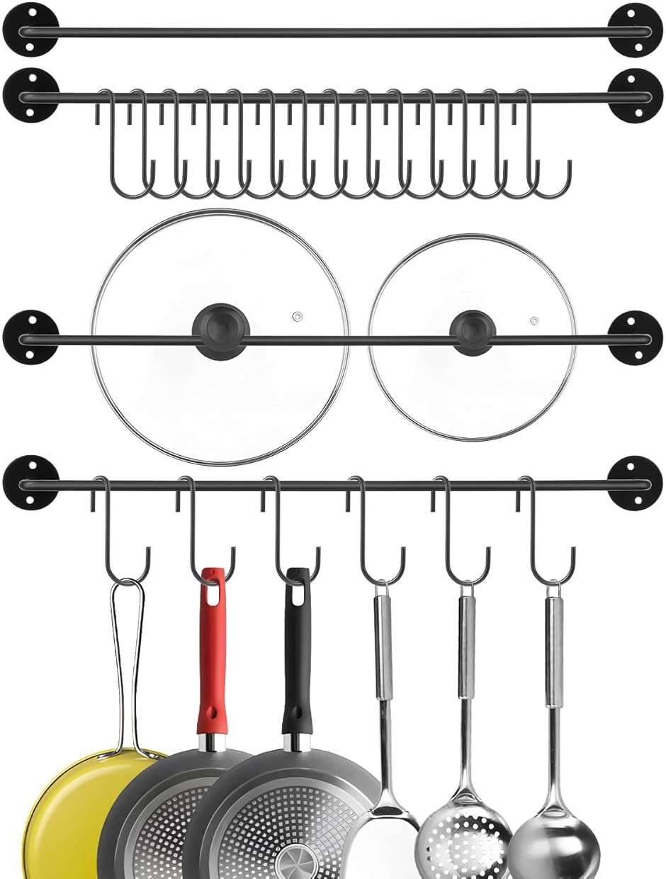 Tolare 4 Pcs Black Iron Kitchen Utensil Rack Wall Mounted Organizer with 20 Hooks, Heavy Duty Kitchen Rail with Hooks for Pots Pans Lids Storage, Space Saving Wall Hanger Holder for Organization - Image 1
