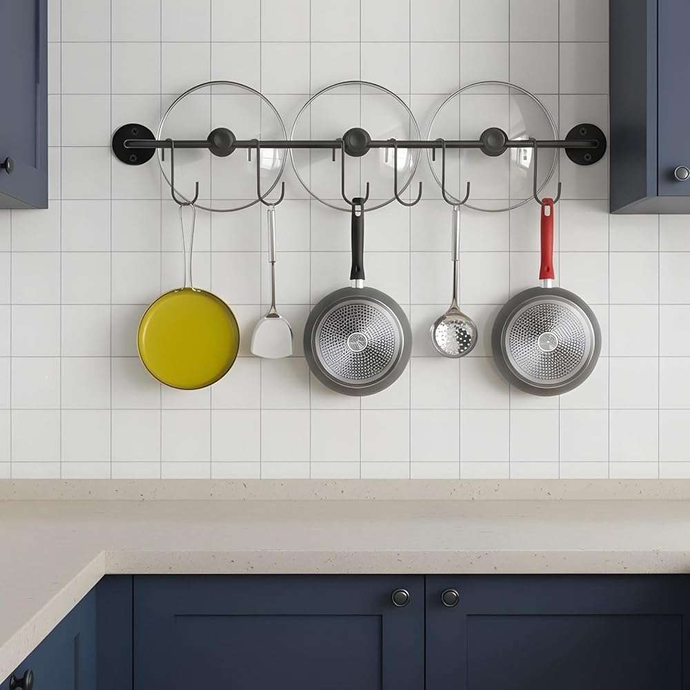 Tolare 4 Pcs Black Iron Kitchen Utensil Rack Wall Mounted Organizer with 20 Hooks, Heavy Duty Kitchen Rail with Hooks for Pots Pans Lids Storage, Space Saving Wall Hanger Holder for Organization - Image 2
