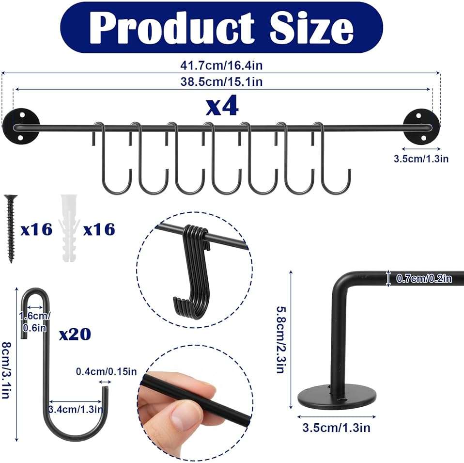 Tolare 4 Pcs Black Iron Kitchen Utensil Rack Wall Mounted Organizer with 20 Hooks, Heavy Duty Kitchen Rail with Hooks for Pots Pans Lids Storage, Space Saving Wall Hanger Holder for Organization - Image 3