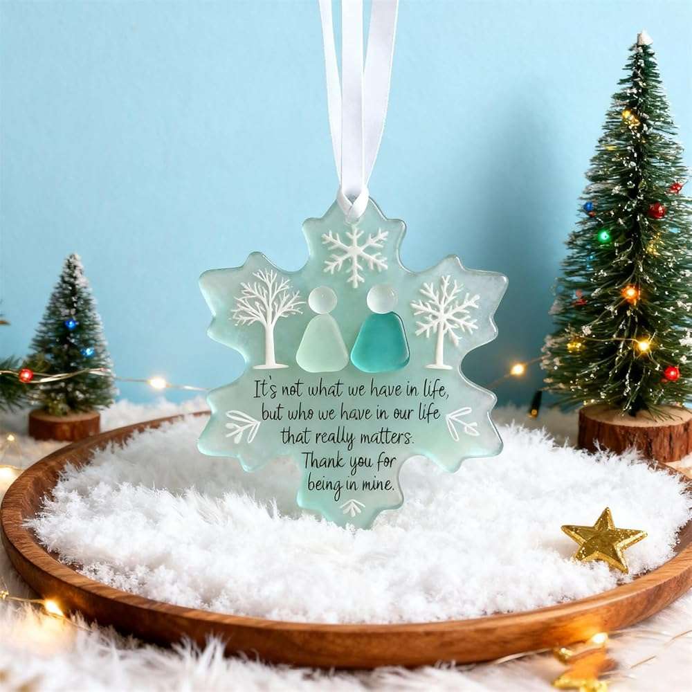 Snowflake Sea Glass Ornaments, Handmade Sea Glass Art with 3D Snowflake Design for Christmas Tree Hanging Decor, Friendship Gift for Best Friend, Xmas Holiday Home Decorations (2) - Image 2