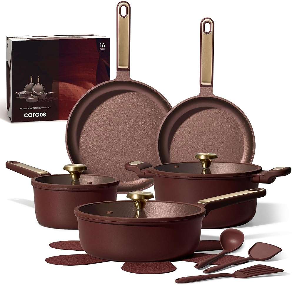 CAROTE Pots and Pans Set Nonstick, 16pcs Cookware Set Nonstick Non-Toxic & PFOA&PFOS-Free, Dishwasher, RV/Camping Cookware Set, Cooking Pots with Lids,Wine Red - Image 1