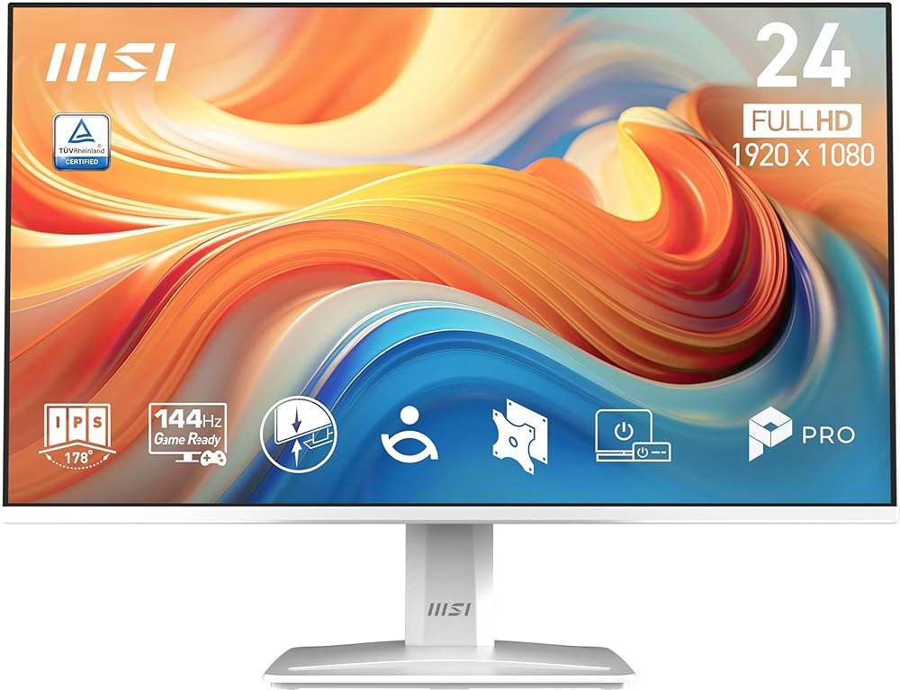 msi PRO MP243W E14 24-inch IPS 1920 x 1080 (FHD) Computer Monitor, 144Hz, Adaptive-Sync, HDR Ready, HDMI, Display Port, VESA Mountable, Tilt, 4-Side Slim Bezel, 1ms, White - Image 1
