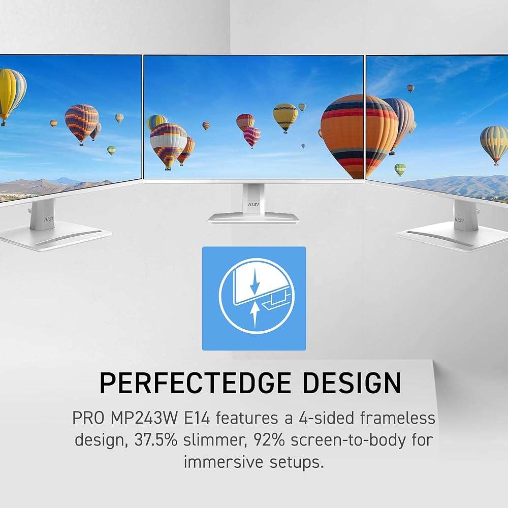 msi PRO MP243W E14 24-inch IPS 1920 x 1080 (FHD) Computer Monitor, 144Hz, Adaptive-Sync, HDR Ready, HDMI, Display Port, VESA Mountable, Tilt, 4-Side Slim Bezel, 1ms, White - Image 3