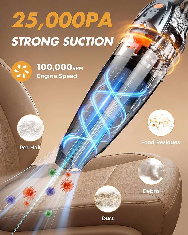 Handheld Vacuum Cordless 25000PA Powerful Suction, Portable Car Vacuum, 3 in 1 Hand Held Vacuum Rechargeable 8000mAh with LED Light, HEPA Filter, Home, Car Seats, Office, Pet Hair, Dust Buster - Image 2