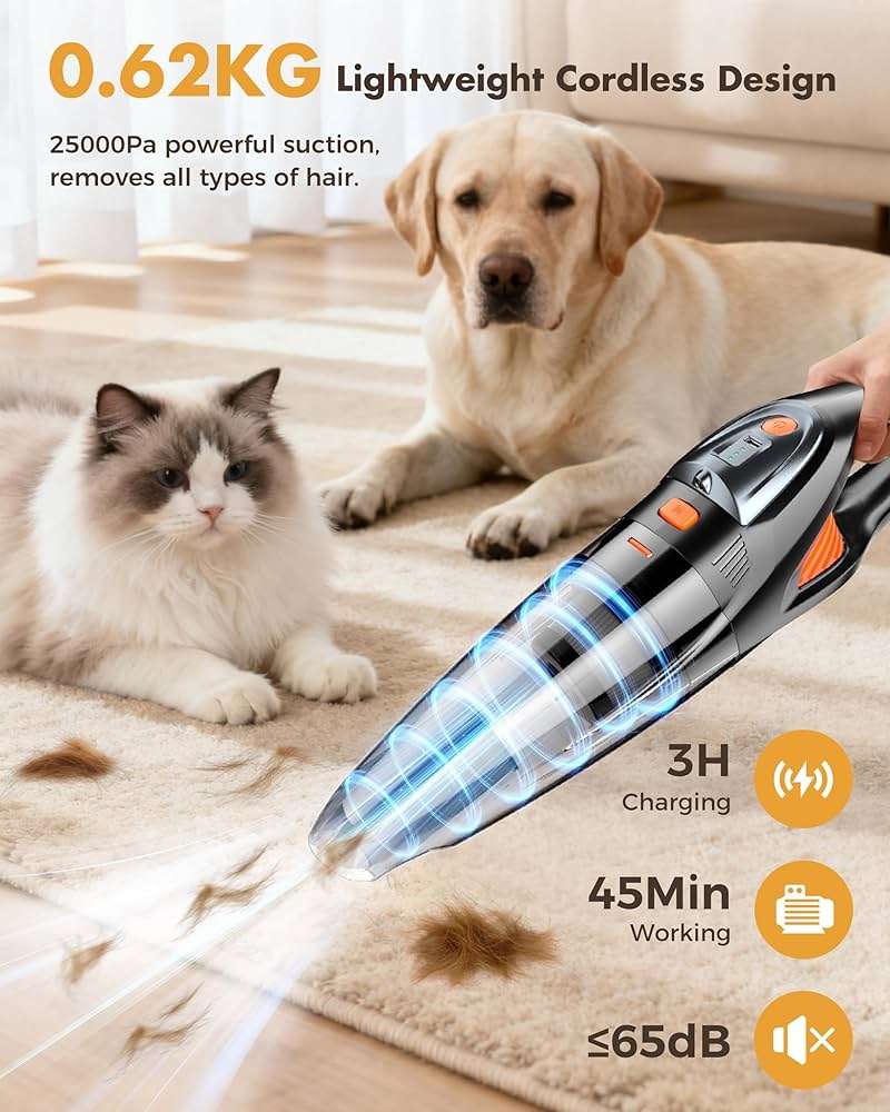 Handheld Vacuum Cordless 25000PA Powerful Suction, Portable Car Vacuum, 3 in 1 Hand Held Vacuum Rechargeable 8000mAh with LED Light, HEPA Filter, Home, Car Seats, Office, Pet Hair, Dust Buster - Image 3