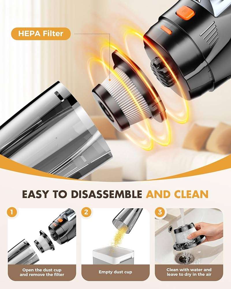 Handheld Vacuum Cordless 25000PA Powerful Suction, Portable Car Vacuum, 3 in 1 Hand Held Vacuum Rechargeable 8000mAh with LED Light, HEPA Filter, Home, Car Seats, Office, Pet Hair, Dust Buster - Image 4