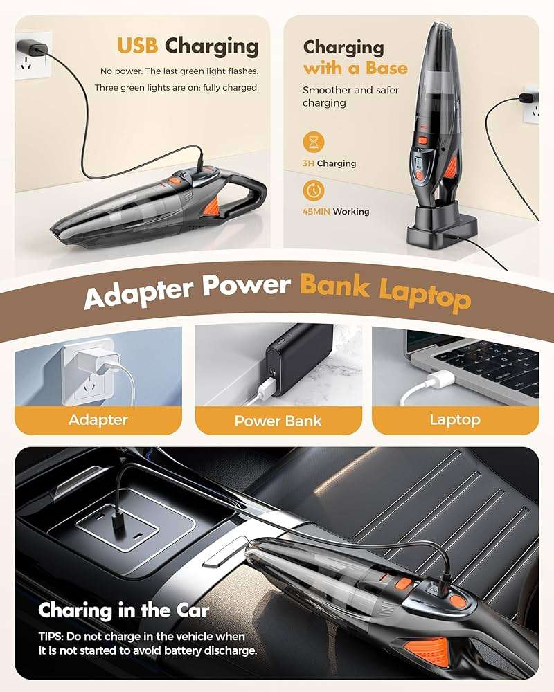 Handheld Vacuum Cordless 25000PA Powerful Suction, Portable Car Vacuum, 3 in 1 Hand Held Vacuum Rechargeable 8000mAh with LED Light, HEPA Filter, Home, Car Seats, Office, Pet Hair, Dust Buster - Image 5