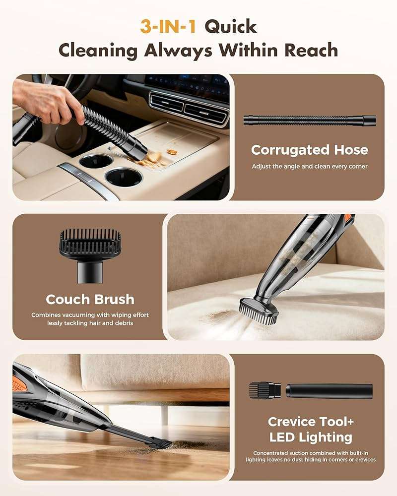 Handheld Vacuum Cordless 25000PA Powerful Suction, Portable Car Vacuum, 3 in 1 Hand Held Vacuum Rechargeable 8000mAh with LED Light, HEPA Filter, Home, Car Seats, Office, Pet Hair, Dust Buster - Image 6