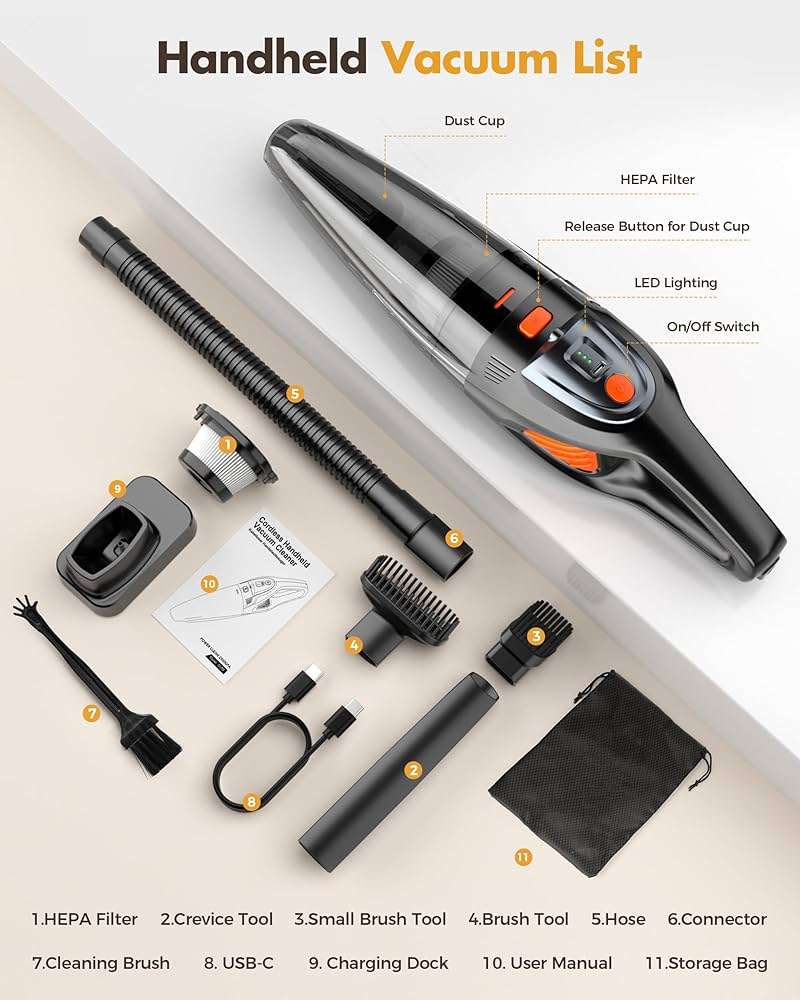 Handheld Vacuum Cordless 25000PA Powerful Suction, Portable Car Vacuum, 3 in 1 Hand Held Vacuum Rechargeable 8000mAh with LED Light, HEPA Filter, Home, Car Seats, Office, Pet Hair, Dust Buster - Image 7