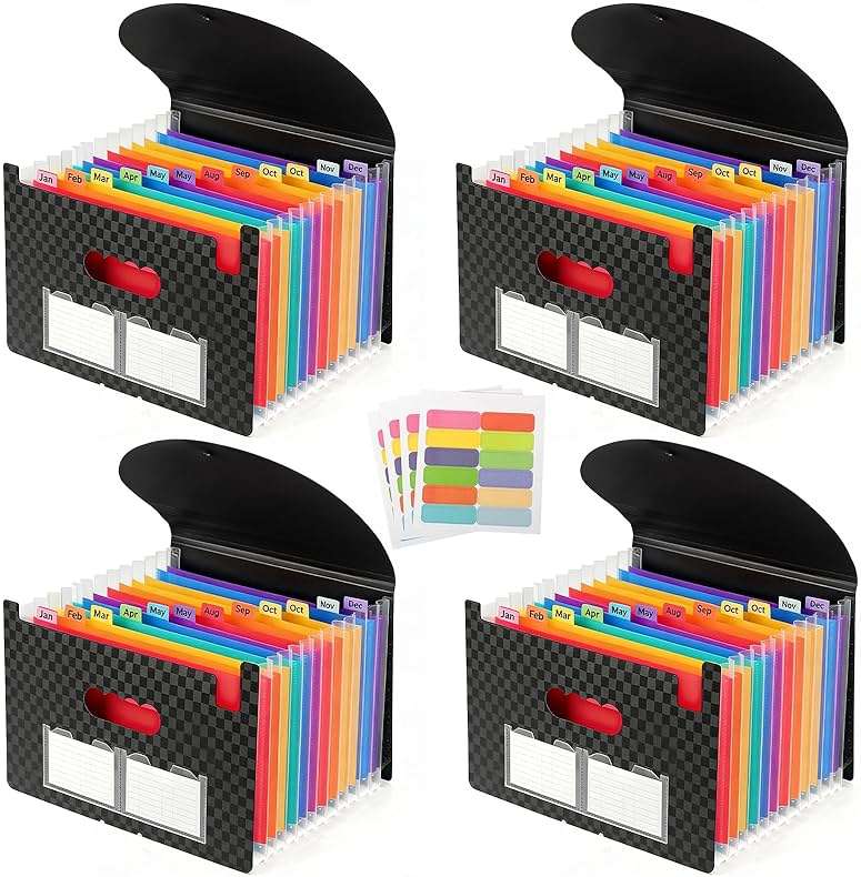 4 Pack Accordion File Organizer - Portable 13 Pockets Document Organizer with Rainbow Color Labels and Sticky Notes for Letter A4 Size Document Holder, Bills, and Store Documents (Black) - Image 1