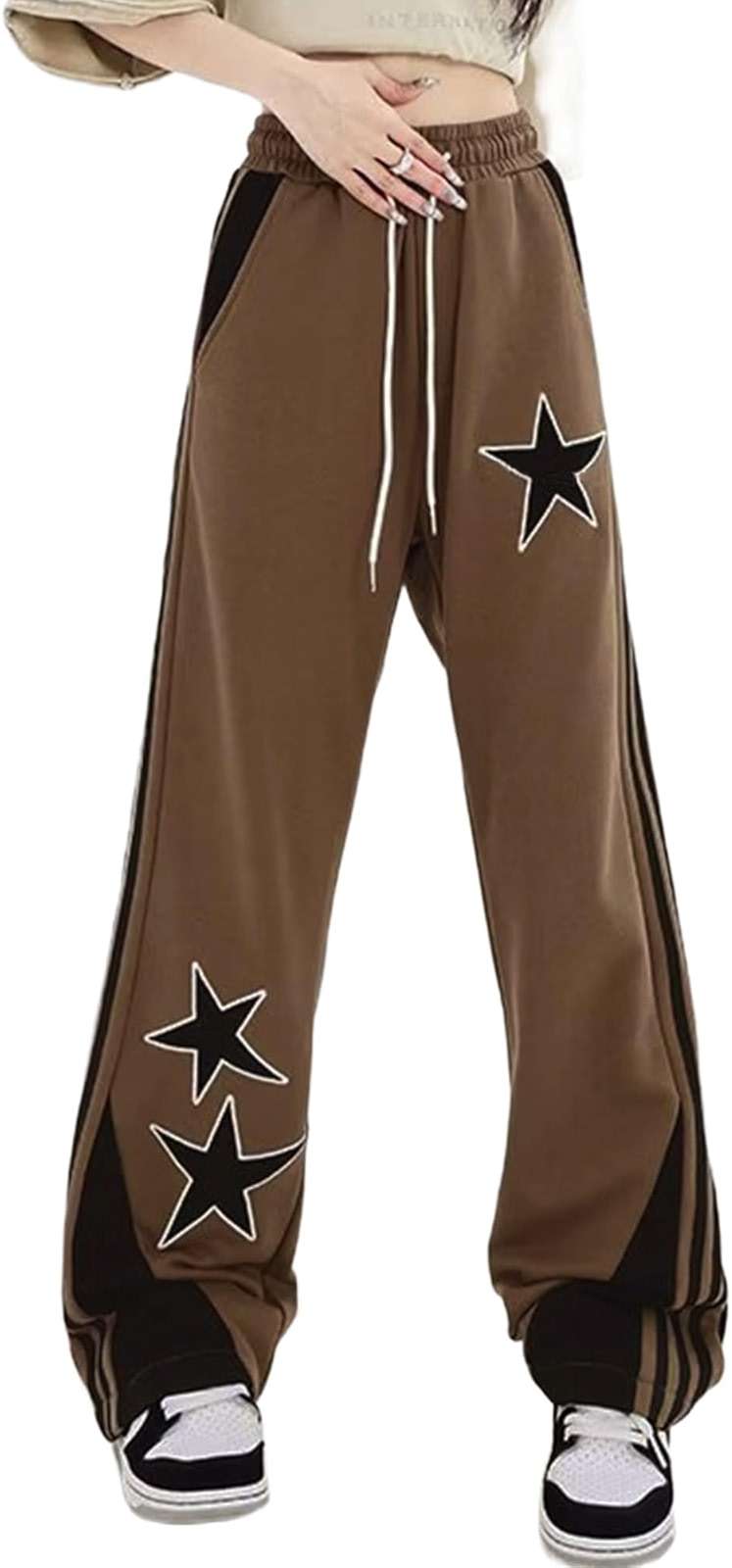ZUNQKG Womens Y2k Striped Sweatpants Star Patchwork Straight Leg Drawstring Baggy Sweatpants with Pockets - Image 1