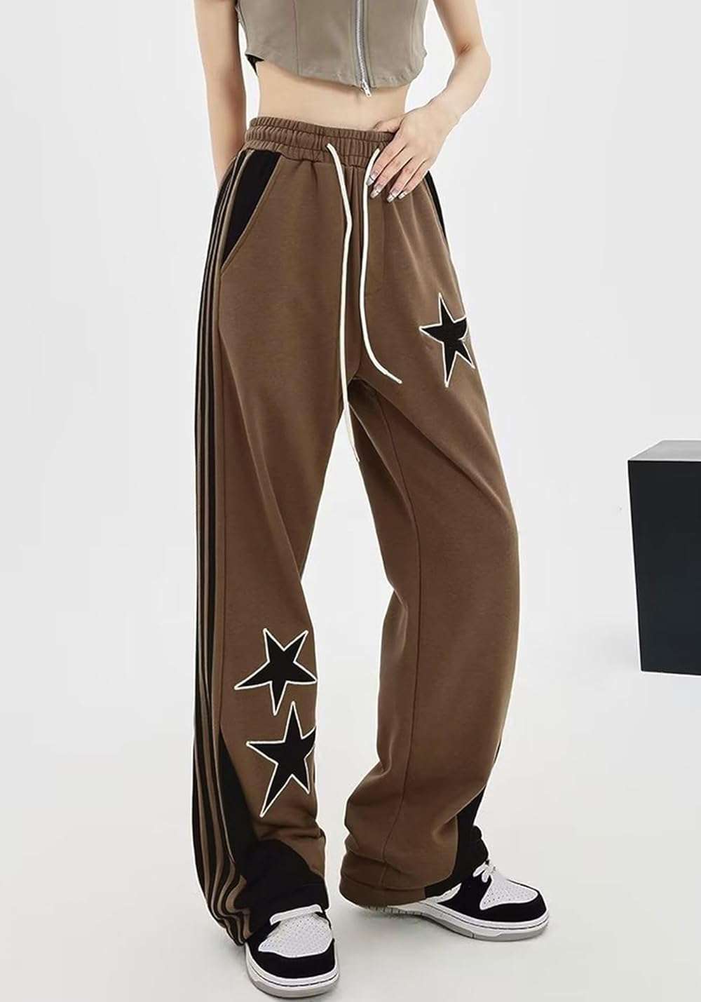 ZUNQKG Womens Y2k Striped Sweatpants Star Patchwork Straight Leg Drawstring Baggy Sweatpants with Pockets - Image 2