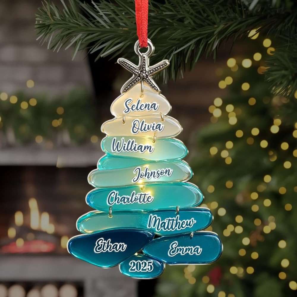 Personalized Sea Glass Family Tree 2D Flat Ornament, Custom Name Christmas Tree Ornament, Sea Glass Art Keepsake, Gift for Holiday - Image 1