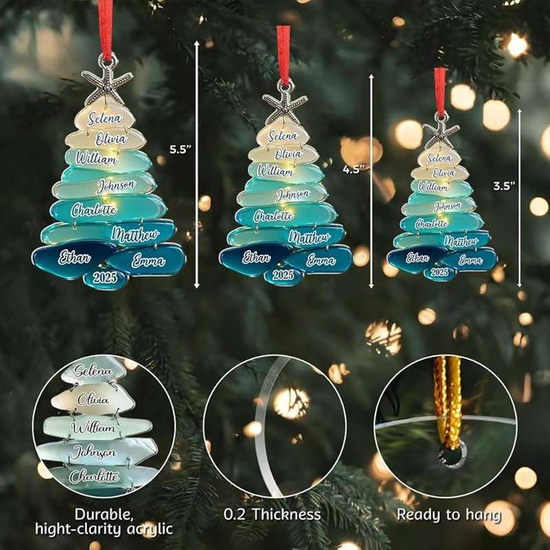 Personalized Sea Glass Family Tree 2D Flat Ornament, Custom Name Christmas Tree Ornament, Sea Glass Art Keepsake, Gift for Holiday - Image 2