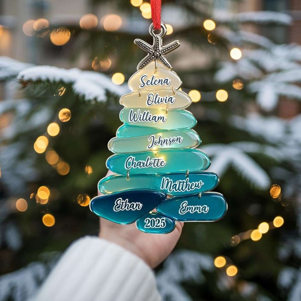 Personalized Sea Glass Family Tree 2D Flat Ornament, Custom Name Christmas Tree Ornament, Sea Glass Art Keepsake, Gift for Holiday - Image 3