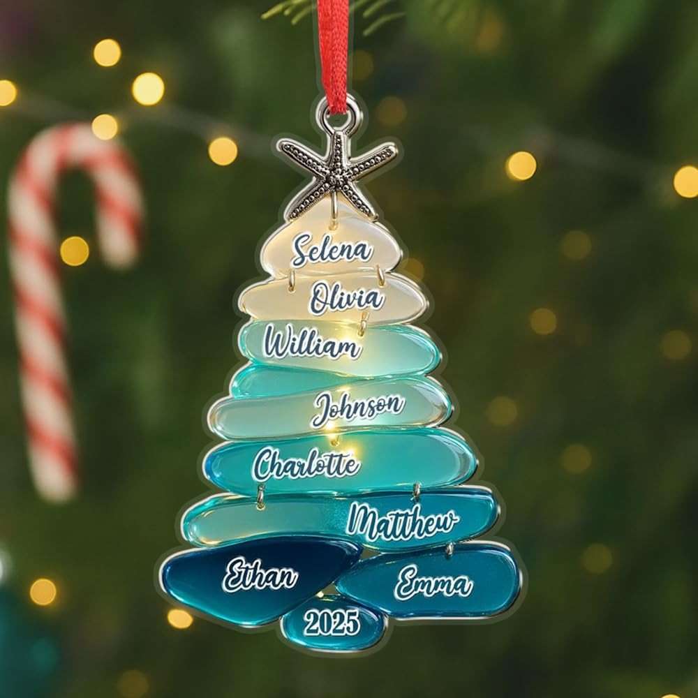 Personalized Sea Glass Family Tree 2D Flat Ornament, Custom Name Christmas Tree Ornament, Sea Glass Art Keepsake, Gift for Holiday - Image 4