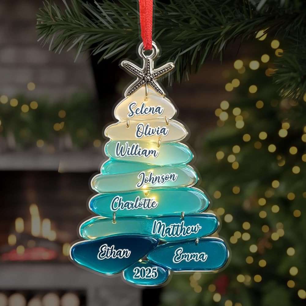 Personalized Sea Glass Family Tree 2D Flat Ornament, Custom Name Christmas Tree Ornament, Sea Glass Art Keepsake, Gift for Holiday - Image 5