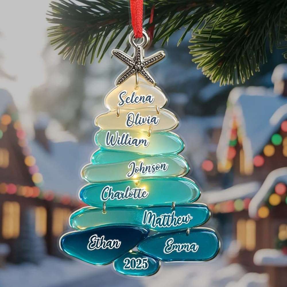 Personalized Sea Glass Family Tree 2D Flat Ornament, Custom Name Christmas Tree Ornament, Sea Glass Art Keepsake, Gift for Holiday - Image 6