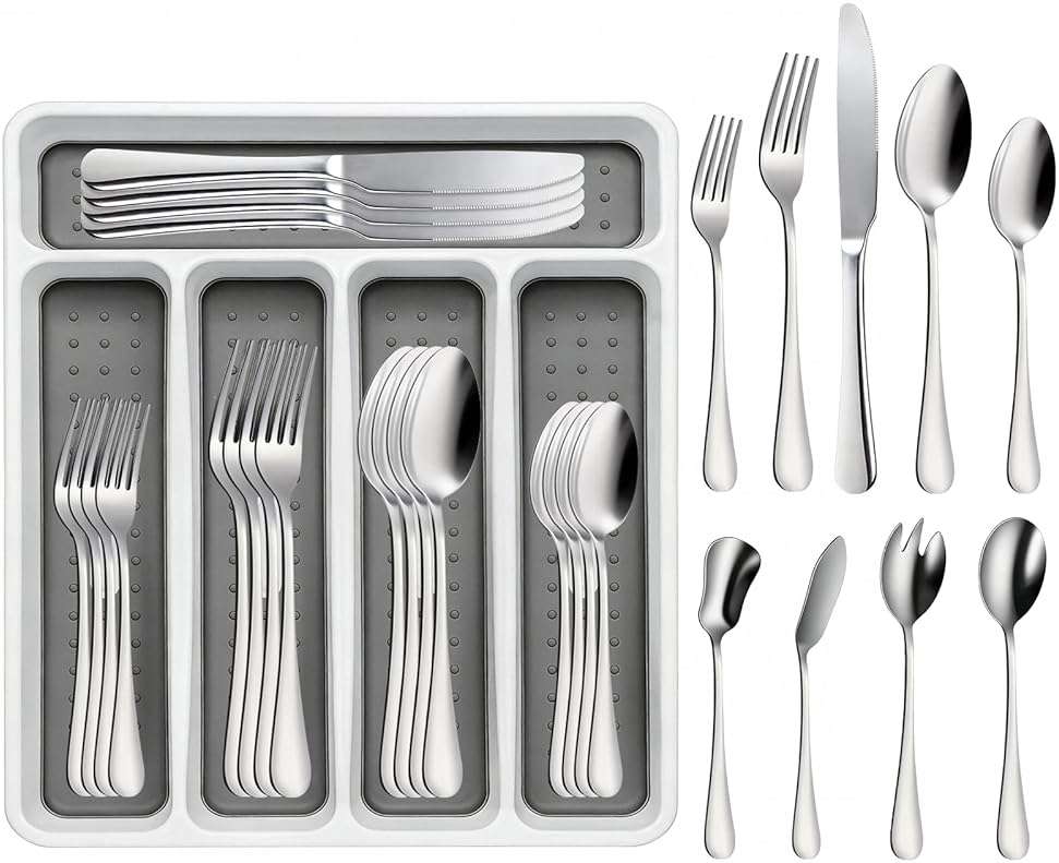 45-Piece Silverware Set with Organizer, Stainless Steel Flatware Set for 8, Includes Forks, Knives, Spoons & Serving Utensils, Cutlery Set for Dining, Entertaining & Housewarming - Image 1