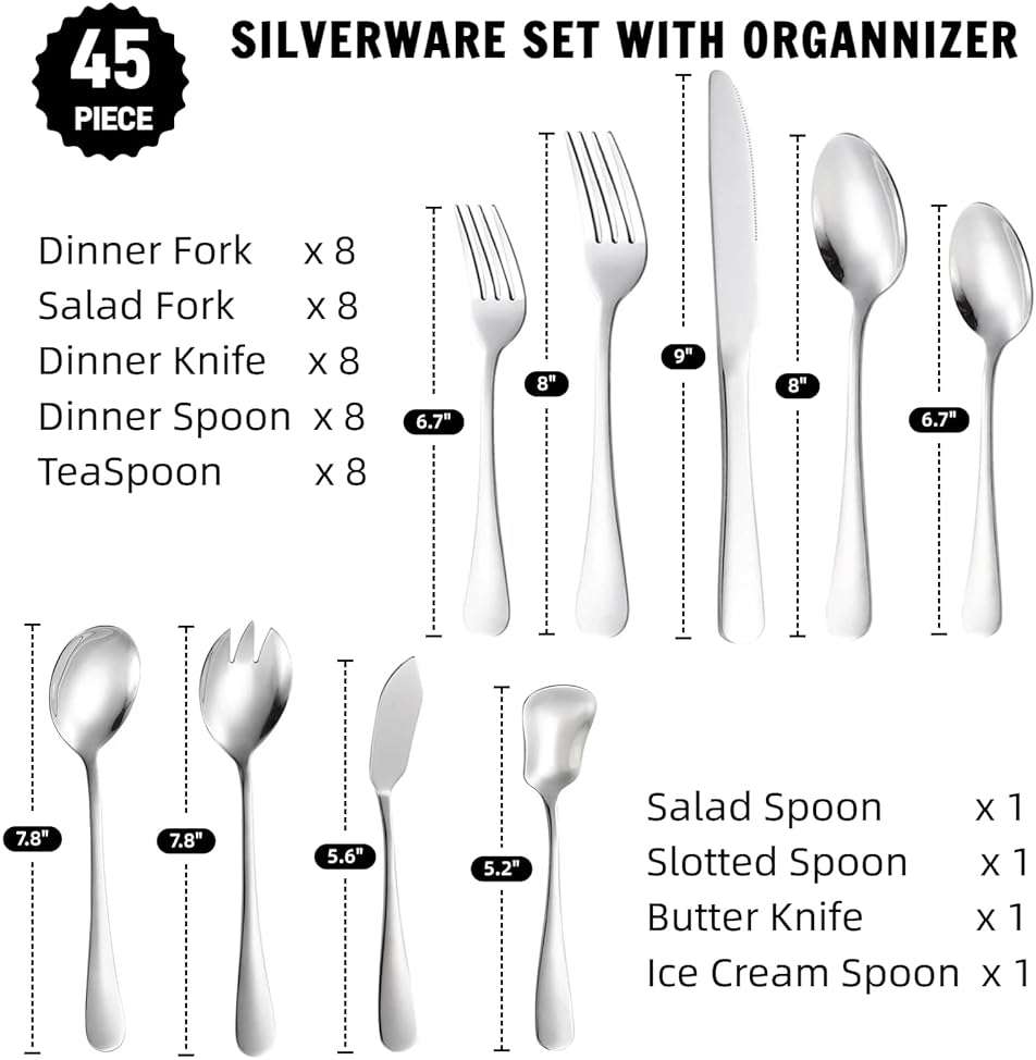 45-Piece Silverware Set with Organizer, Stainless Steel Flatware Set for 8, Includes Forks, Knives, Spoons & Serving Utensils, Cutlery Set for Dining, Entertaining & Housewarming - Image 2