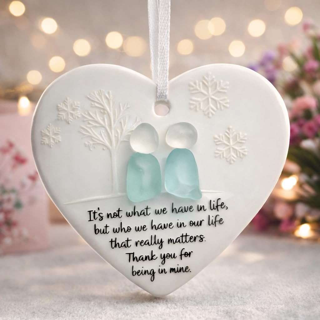 Sea Glass Friendship Snowflake Ornament Snow Shaped Christmas Tree Decorations, Timeless Friendship Heart Keepsake, Sea Glass Art for Best Friends (Heart Shape) - Image 1