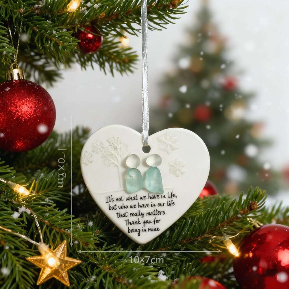 Sea Glass Friendship Snowflake Ornament Snow Shaped Christmas Tree Decorations, Timeless Friendship Heart Keepsake, Sea Glass Art for Best Friends (Heart Shape) - Image 2