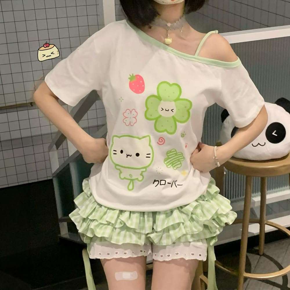 Womens Y2K Off Shoulder Kawaii T-Shirt Suit Hrajuku Plaid Ruffled Lace Pumpkin Short Pants Cute Cat Graphic Tops - Image 2