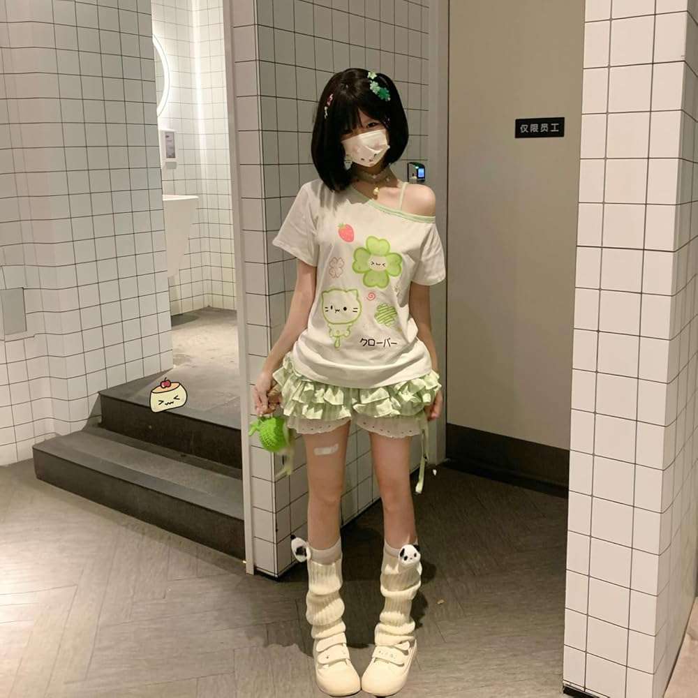 Womens Y2K Off Shoulder Kawaii T-Shirt Suit Hrajuku Plaid Ruffled Lace Pumpkin Short Pants Cute Cat Graphic Tops - Image 5
