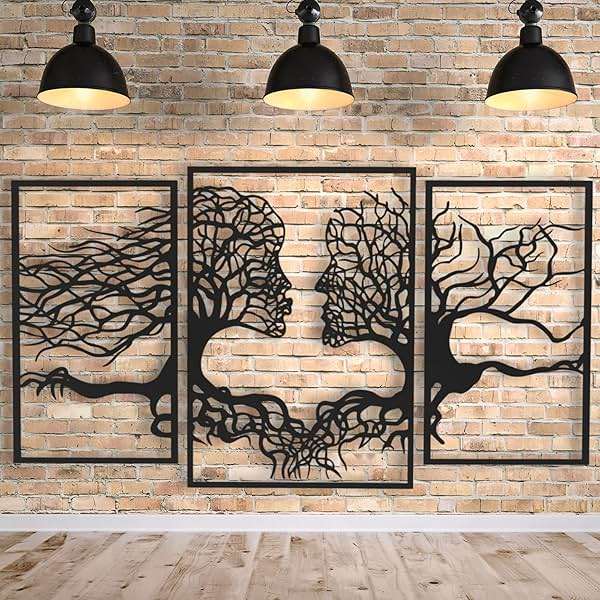 VAILLA Tree of Life Wall Wooden Art Abstract Tree Man Woman Face Large 3D Wooden Wall Decor Set of 3 Hanging Sculpture Modern Home Decoration 3D Textured Sculptures for Living Room Bedroom Office Dinnig Room (71"L x 39"W) - Image 1