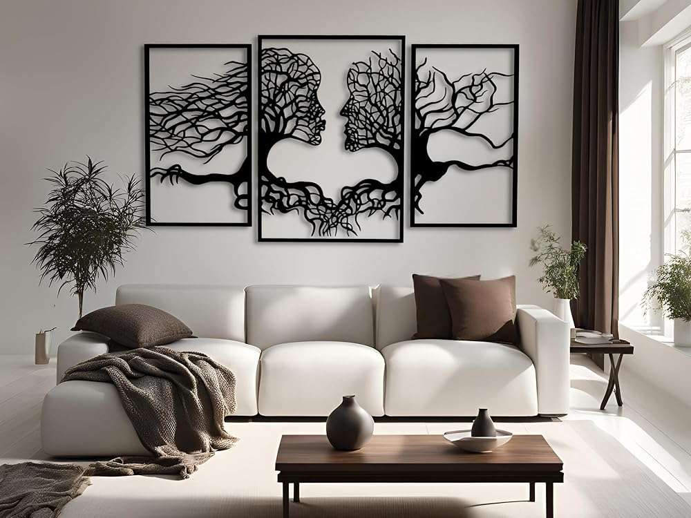 VAILLA Tree of Life Wall Wooden Art Abstract Tree Man Woman Face Large 3D Wooden Wall Decor Set of 3 Hanging Sculpture Modern Home Decoration 3D Textured Sculptures for Living Room Bedroom Office Dinnig Room (71"L x 39"W) - Image 2