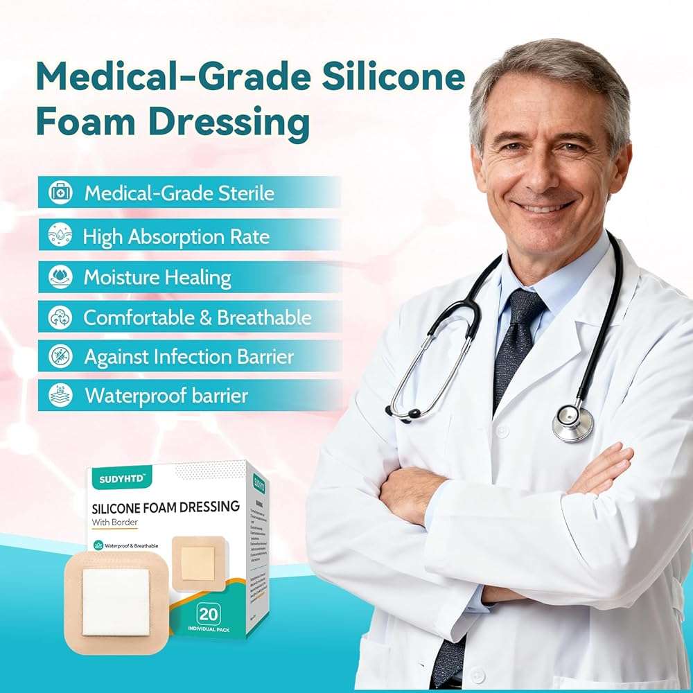 20 Pack Silicone Foam Dressing 3"x3" Gentle Border, Waterproof Silicone Bandages for Wounds Care, Super Absorbent Wound Dressing, Bed Sore Patches, Self Adhesive Pressure Sore Pads - Image 2