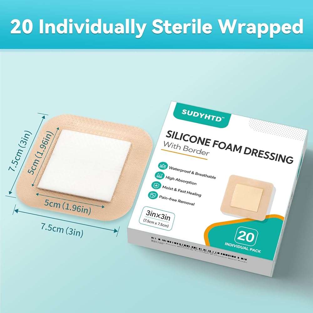 20 Pack Silicone Foam Dressing 3"x3" Gentle Border, Waterproof Silicone Bandages for Wounds Care, Super Absorbent Wound Dressing, Bed Sore Patches, Self Adhesive Pressure Sore Pads - Image 6