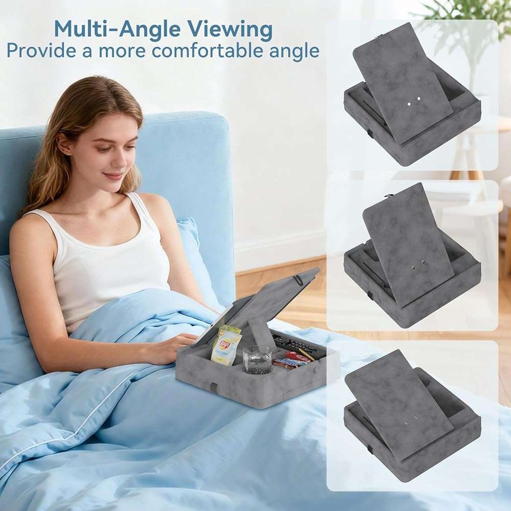 AEWOTING Tablet Pillow Stand for Lap, Bed and Desk, Foldable Soft iPad Holder with Snack Bowl for Kindle,Phone,Tablet,E-Reader,Free Reading and Relaxation on Bed,Couch,Recliner,Gray - Image 2