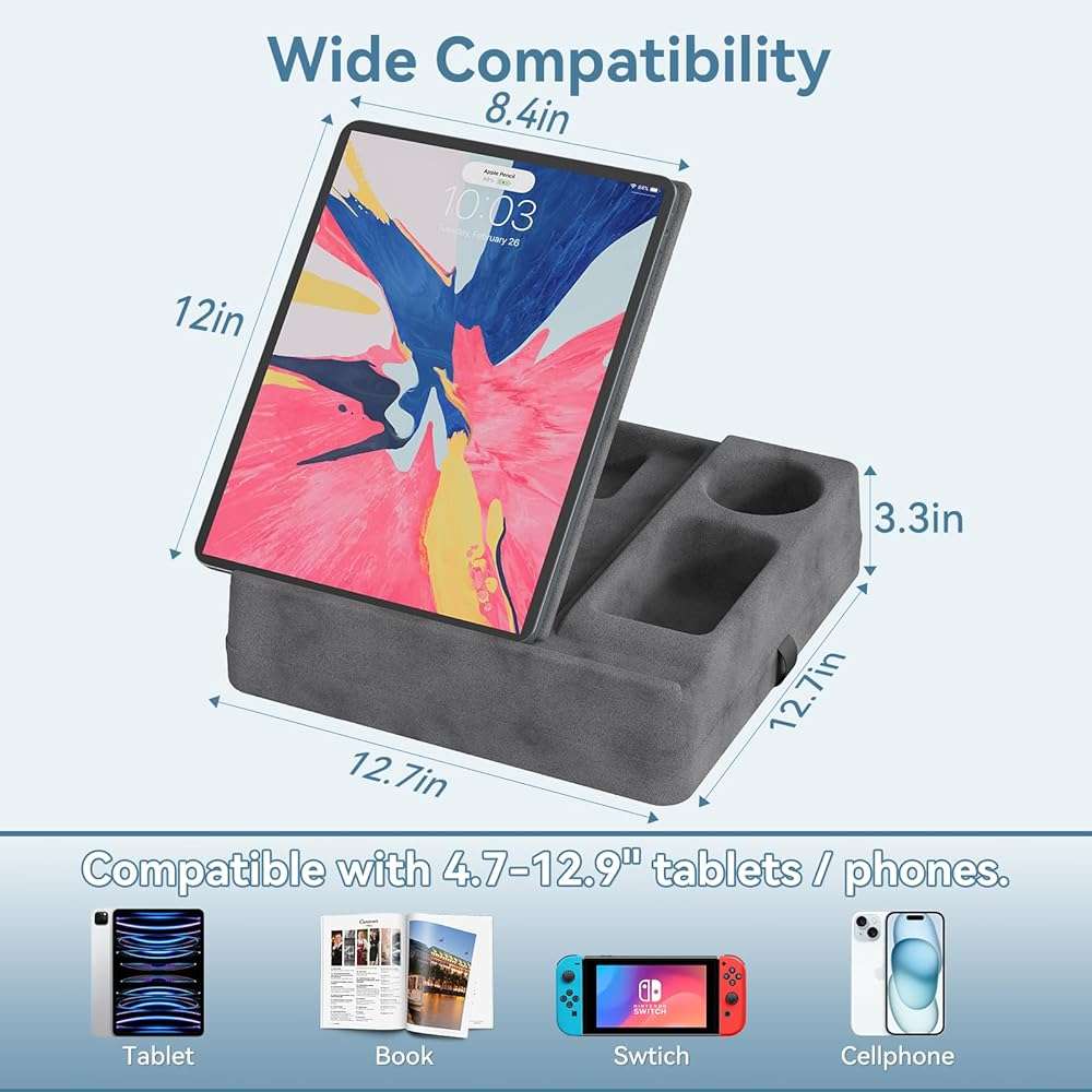 AEWOTING Tablet Pillow Stand for Lap, Bed and Desk, Foldable Soft iPad Holder with Snack Bowl for Kindle,Phone,Tablet,E-Reader,Free Reading and Relaxation on Bed,Couch,Recliner,Gray - Image 3
